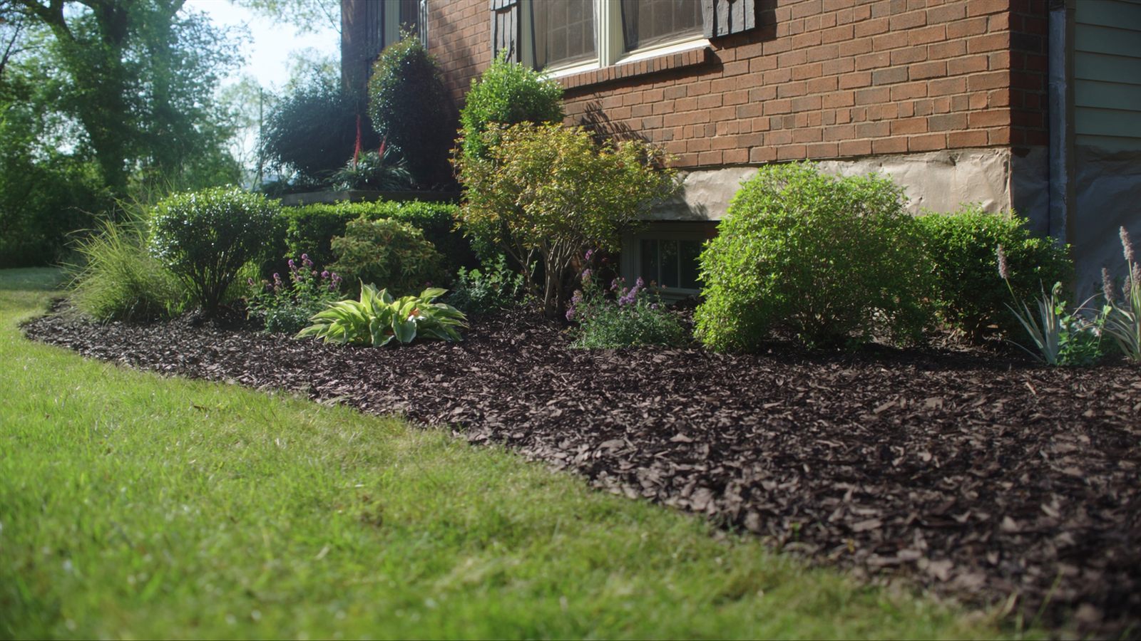 Freshly mulched planting beds along a brick home foundation