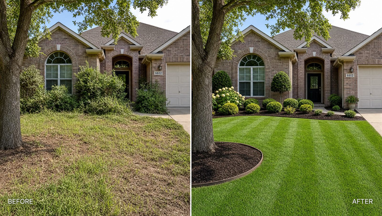Before and after comparison of a front yard transformation by Heritage Landscaping